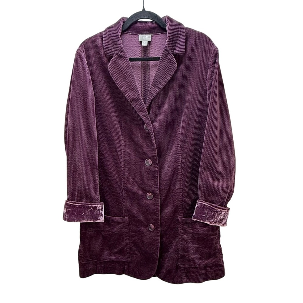 J. Jill Corduroy Longline Jacket M Tall Purple Velvet Trim Blazer Button Front